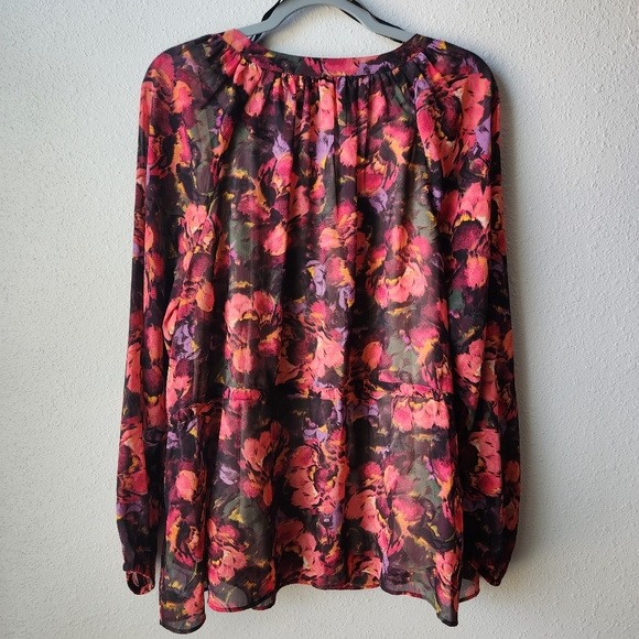 JESSICA SIMPSON Long Sleeve Layered Sheer Floral Drawstring Waist Chic Blouse - Picture 2 of 8